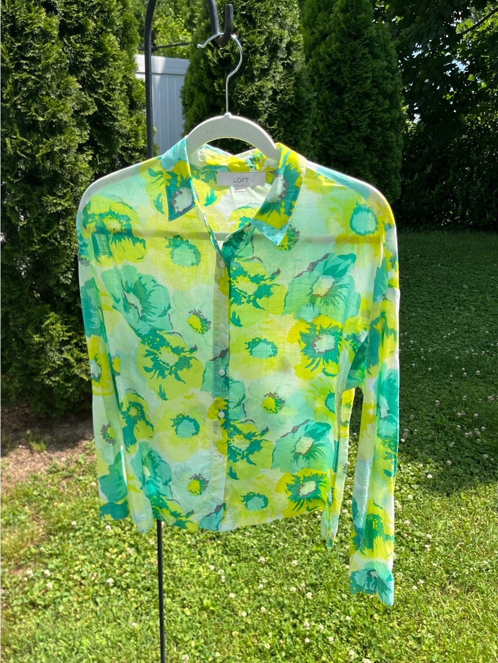 LOFT Sheer Floral Button-Down Blouse in Yellow & Teal